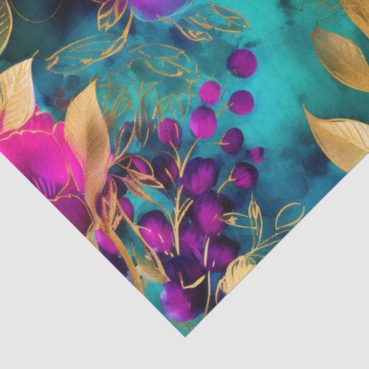 Elegante Waterverf Paarse en Blauwgroen bloemenpat Tissuepapier (Detail)