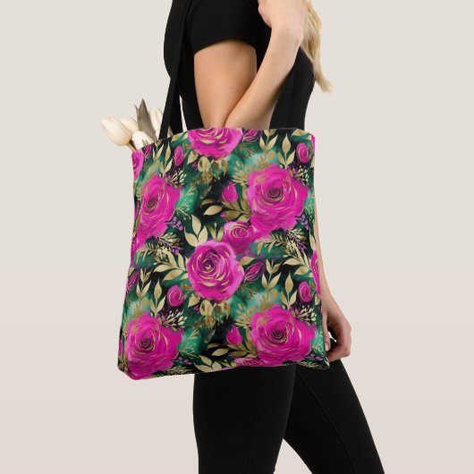 Elegante Waterverf Paarse en Blauwgroen bloemenpat Tote Bag (Dichtbij)