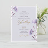 Elegante waterverf paarse en gouden bloemenboho kaart (Staand voorkant)