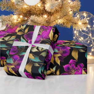Elegante waterverf paarse en turquoise bloemenpatr cadeaupapier