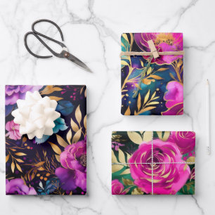 Elegante waterverf paarse en turquoise bloemenpatr inpakpapier vel