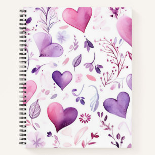Elegante waterverf paarse harten & bloemmotieven  notitieboek