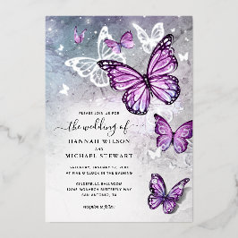 Elegante Waterverf Paarse vlinder bruiloft Real Folie Uitnodiging