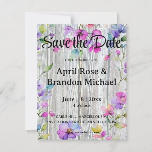Elegante waterverf paarse wilde bloemen barnwood save the date (Voorkant)