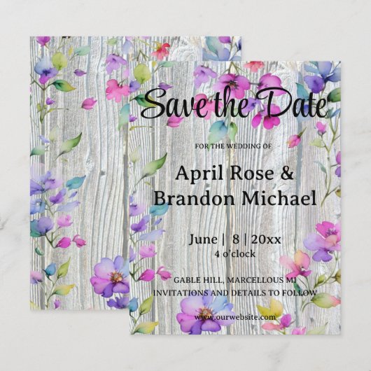 Elegante waterverf paarse wilde bloemen barnwood save the date (Voorkant / Achterkant)