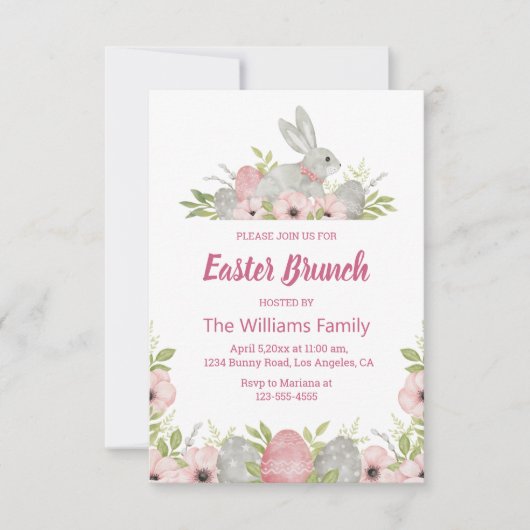 Elegante waterverf paashaas roze bloemenbrunch kaart (Voorkant)