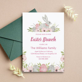 Elegante waterverf paashaas roze bloemenbrunch kaart