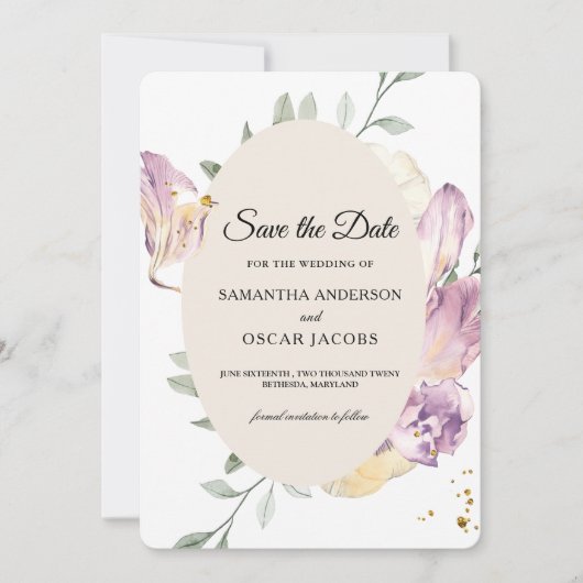 Elegante Waterverf Pansy Floral Ovaal Save The Date (Voorkant)