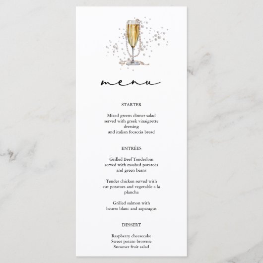 Elegante Waterverf Parels & Prosecco Vrijgezellenf Menu (Voorkant)