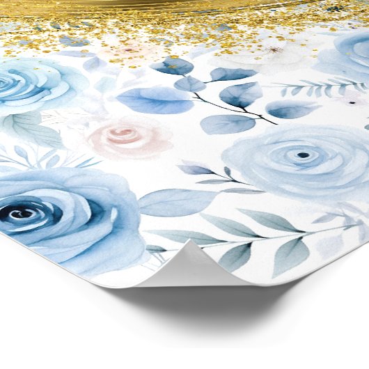 Elegante Waterverf Pastel Blauw Goud Trouwbord Poster (Hoek)