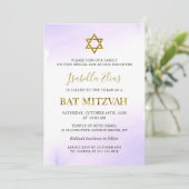 Elegante Waterverf Pastel Paarse Gouden Bat Mitswa Kaart (Staand voorkant)