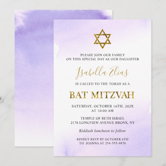 Elegante Waterverf Pastel Paarse Gouden Bat Mitswa Kaart (Voorkant / Achterkant)