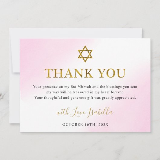 Elegante Waterverf Pastel Roze Gouden Bat Mitswa Bedankkaart (Voorkant)