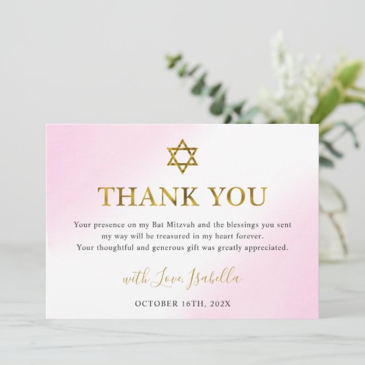 Elegante Waterverf Pastel Roze Gouden Bat Mitswa Bedankkaart (Staand voorkant)