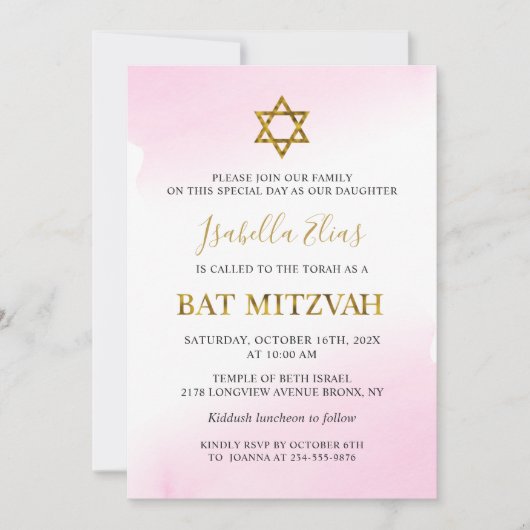 Elegante Waterverf Pastel Roze Gouden Bat Mitswa Kaart (Voorkant)