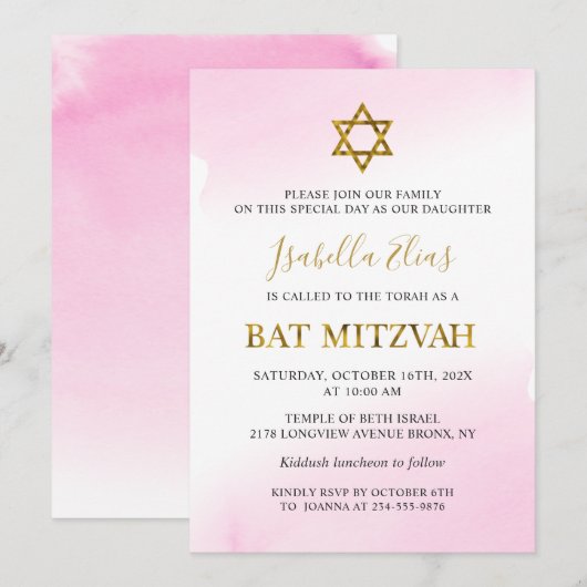 Elegante Waterverf Pastel Roze Gouden Bat Mitswa Kaart (Voorkant / Achterkant)