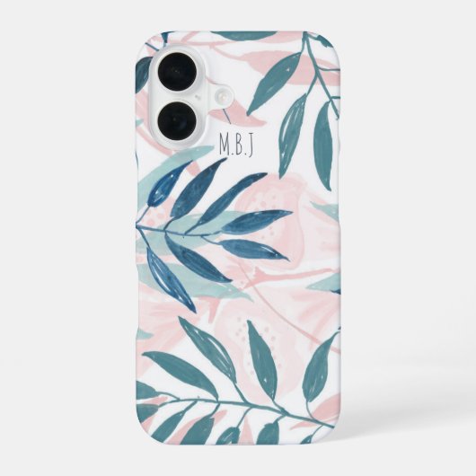 Elegante waterverf pastelbladeren monogram iPhone 16 hoesje (Achterkant)