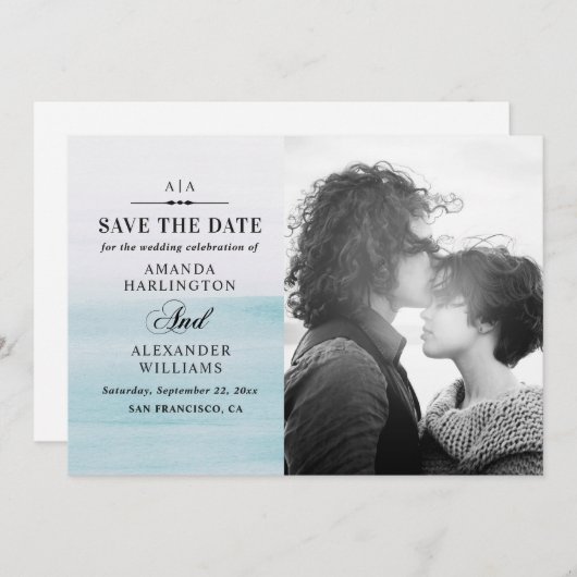 Elegante waterverf pastelblauw nautische bruiloft save the date (Voorkant / Achterkant)