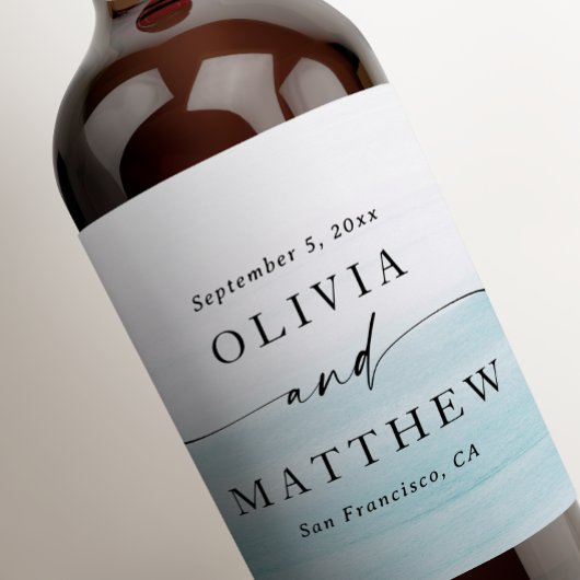 Elegante waterverf pastelblauw nautische bruiloft wijn etiket