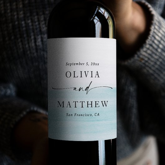 Elegante waterverf pastelblauw nautische bruiloft wijn etiket