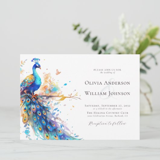 Elegante Waterverf pauw alles in één bruiloft Kaart (Staand voorkant)
