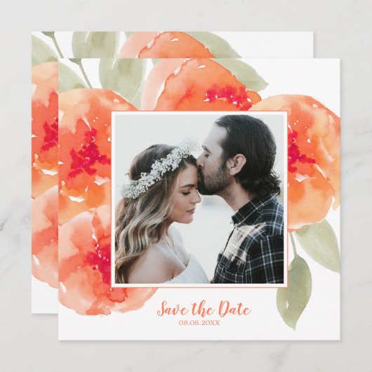 Elegante Waterverf Peach Peonies Save the Date Kaart (Voorkant / Achterkant)