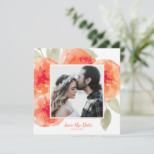 Elegante Waterverf Peach Peonies Save the Date Kaart (Staand voorkant)