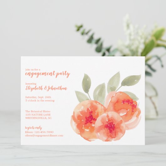 Elegante Waterverf Peach Peonies verlovingsfeest Kaart (Staand voorkant)