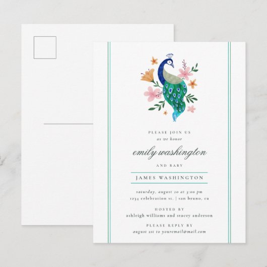 Elegante Waterverf Peacock Boy's Baby shower Uitnodiging Briefkaart (Voorkant / Achterkant)