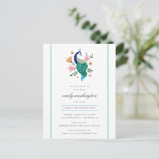 Elegante Waterverf Peacock Boy's Baby shower Uitnodiging Briefkaart (Staand voorkant)