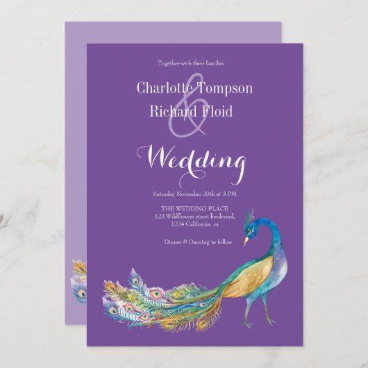 Elegante Waterverf Peacock bruiloft Kaart (Voorkant / Achterkant)