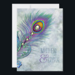 Elegante Waterverf Peacock bruiloft Kaart<br><div class="desc">Mooie lavendel paarse en blauwgroen blauw  pauw bruiloft uitnodigingen. Deze elegante paarse  waterverf pauw huwelijksuitnodiging is gemakkelijk aangepast voor uw evenement met uw keuze van lettertype stijl,  kleur en formulering op de voor- en achterkant. Dit is een afgedrukt grafisch ontwerp zonder echte edelstenen,  juwelen,  enz.</div>