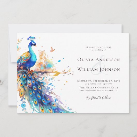 Elegante Waterverf Peacock bruiloft Kaart (Voorkant)