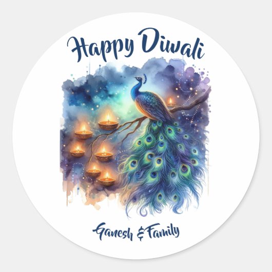 Elegante waterverf Peacock Diwali Ronde Sticker (Voorkant)