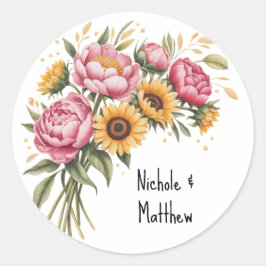Elegante Waterverf Peony Bouquet bruiloft Ronde Sticker