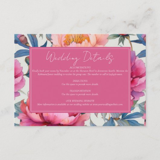 Elegante Waterverf Peony Flowers bruiloft Informatiekaartje (Voorkant)