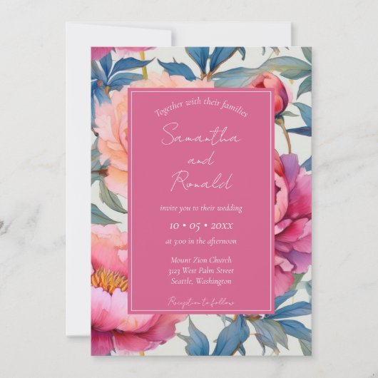 Elegante Waterverf Peony Flowers bruiloft Kaart (Voorkant)