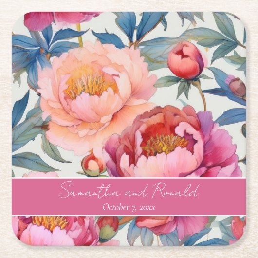 Elegante Waterverf Peony Flowers bruiloft Kartonnen Onderzetters (Voorkant)