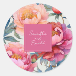 Elegante Waterverf Peony Flowers bruiloft Ronde Sticker