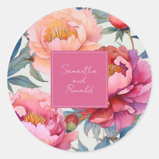 Elegante Waterverf Peony Flowers bruiloft Ronde Sticker (Voorkant)