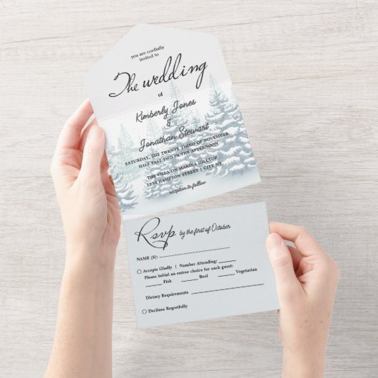 Elegante waterverf Pijnbomen RSVP Winter Wedding All In One Uitnodiging (Afscheurbaar)