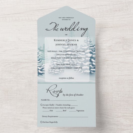 Elegante waterverf Pijnbomen RSVP Winter Wedding All In One Uitnodiging (Binnen)