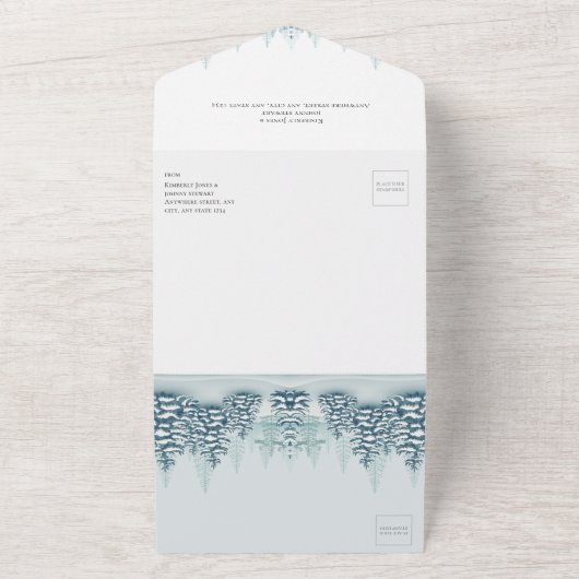 Elegante waterverf Pijnbomen RSVP Winter Wedding All In One Uitnodiging (Buitenkant)