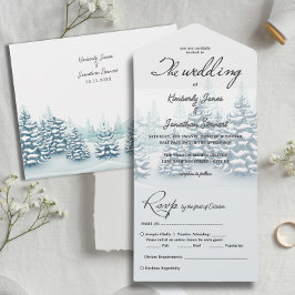 Elegante waterverf Pijnbomen RSVP Winter Wedding All In One Uitnodiging
