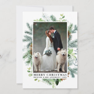 Elegante Waterverf Pine Lijst bruiloft foto Feestdagenkaart