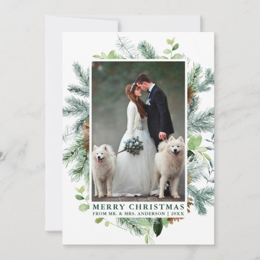 Elegante Waterverf Pine Lijst bruiloft foto groen Feestdagenkaart (Voorkant)