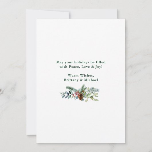 Elegante Waterverf Pine Lijst bruiloft foto groen Feestdagenkaart (Achterkant)