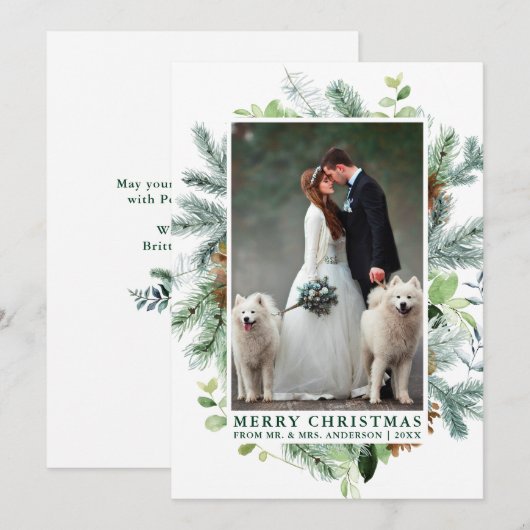 Elegante Waterverf Pine Lijst bruiloft foto groen Feestdagenkaart (Voorkant / Achterkant)