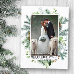 Elegante Waterverf Pine Lijst bruiloft kerst Briefkaart<br><div class="desc">Elegante Waterverf Pine Lijst Vrolijk Kerstfeest Bruiloftsfoto Vakantie Groen Briefkaart</div>