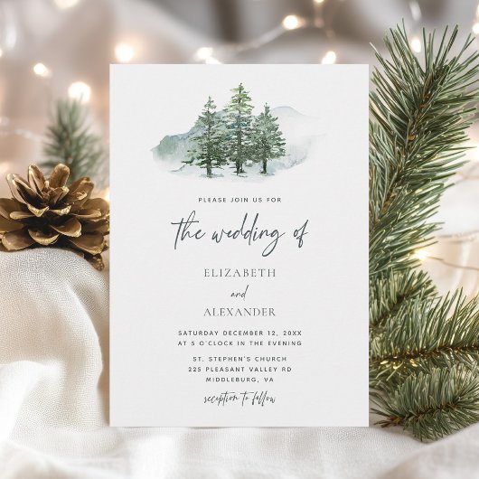 Elegante Waterverf Pine Trees Winter Wedding Kaart